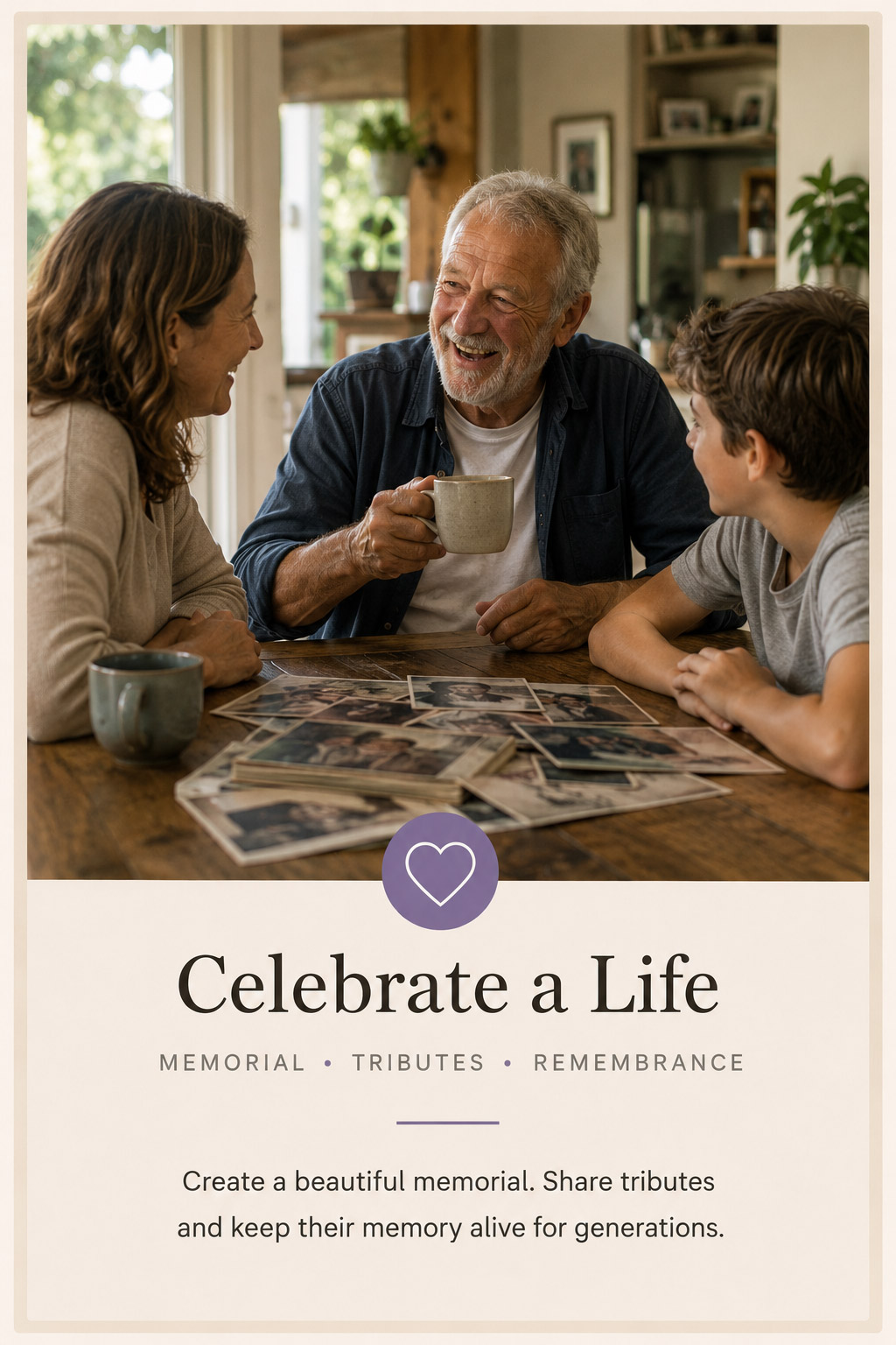 Celebrate a Life — a family sharing memories and photographs around a kitchen table