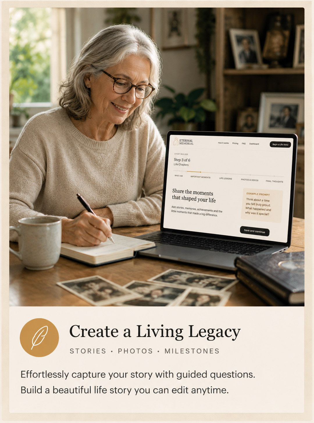 Create a Living Legacy — a woman writing her life story at a laptop beside old photographs