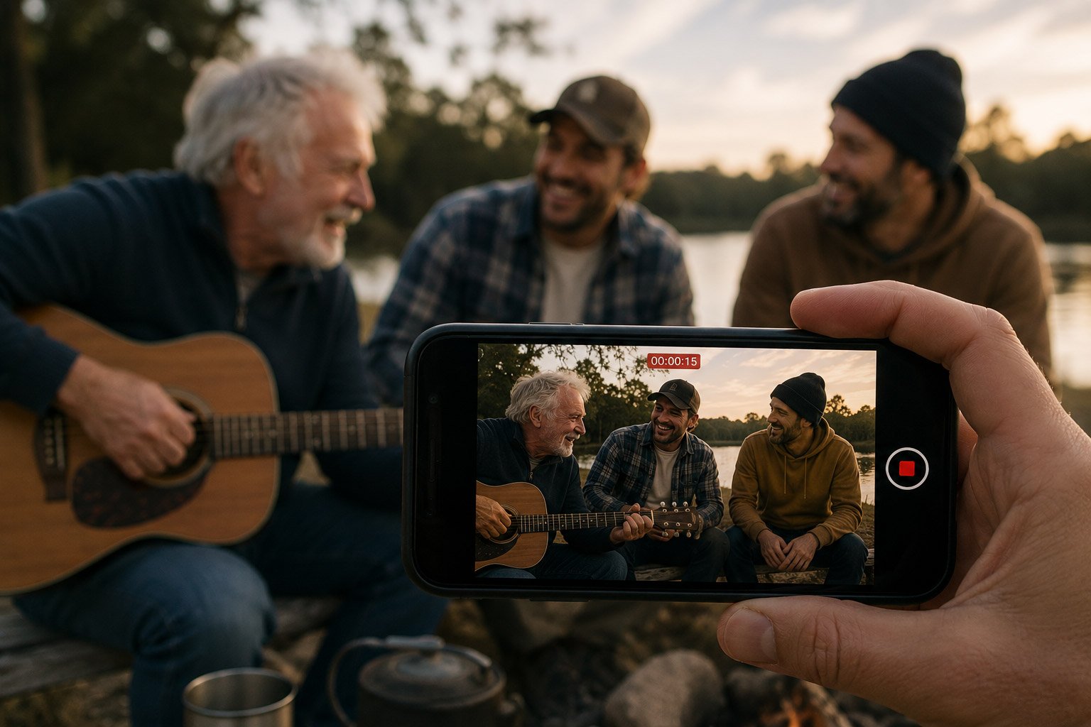 A phone recording an older man playing guitar by a campfire with friends
