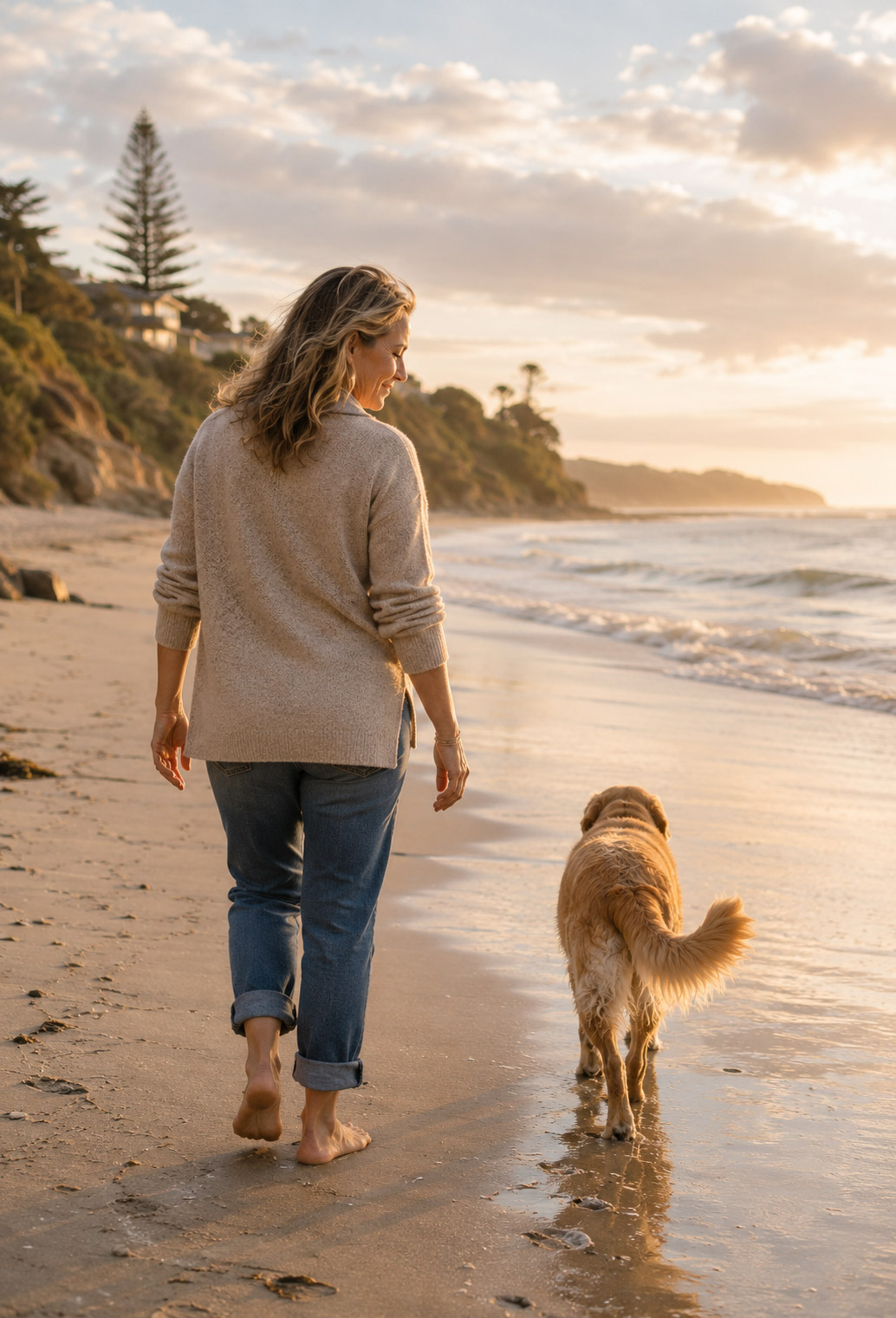 A woman walking barefoot along the shoreline at sunset with her golden dog beside her