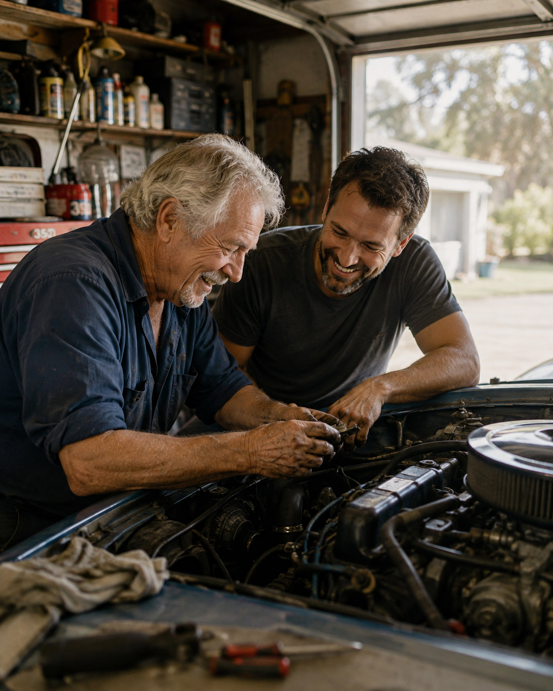 A father and his adult son laughing together while working on a car engine in a home workshop