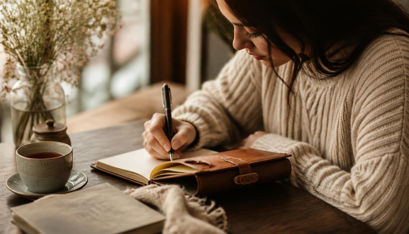 A person writing in a leather journal in warm, natural light